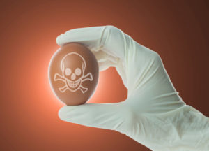 Una mano guantata tiene un uovo con disegnato un teschio; concept: allerta alimentare