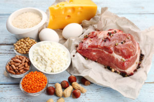 Food high in protein on table, close-up