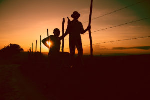 Due contadini in un campo; concept: lavoratori agricoli, sfruttamento, caporalato
