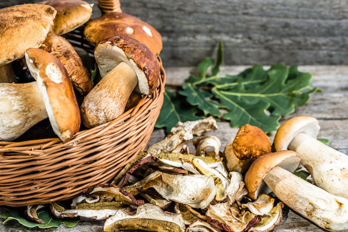 Cesta di funghi porcini freschi accanto a funghi secchi