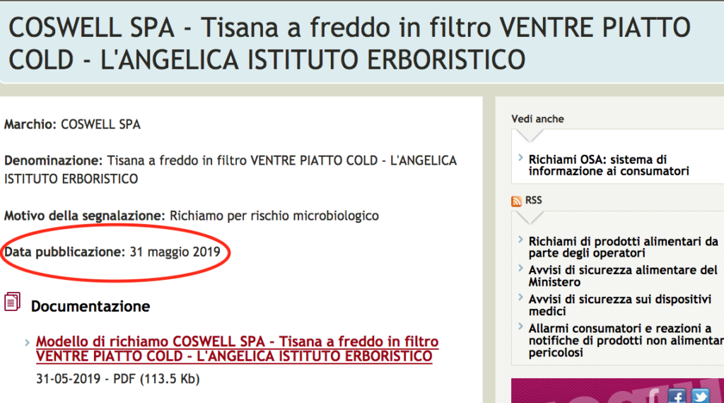 richiamo l-angelica tisana ministero allerta