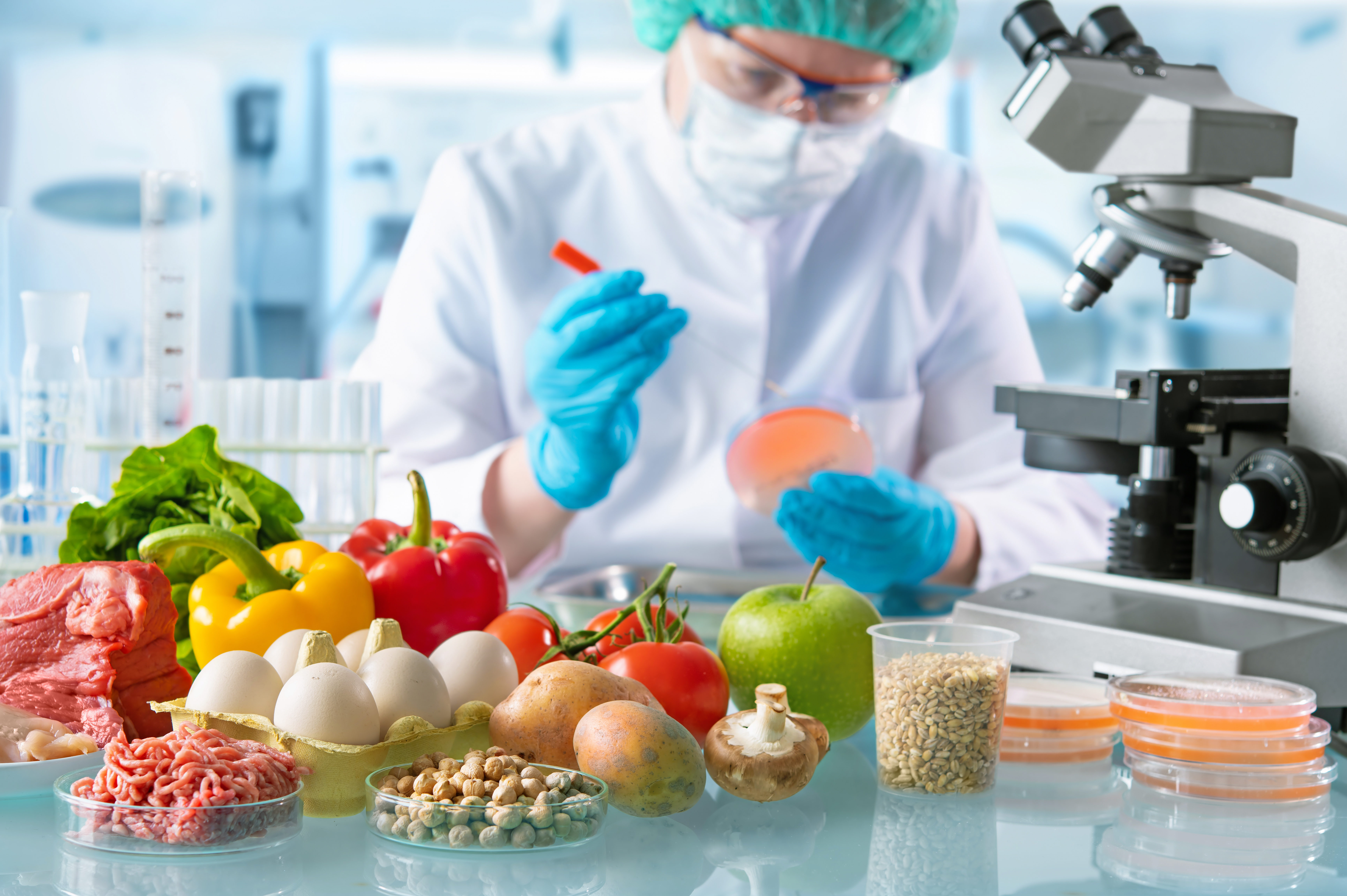 laboratorio microscopio analisi carne uova mela peperone