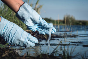 Donna coni guanti preleva un campione d'acqua con una pipetta da un fiume o un lago; concept: inquinamento delle acque