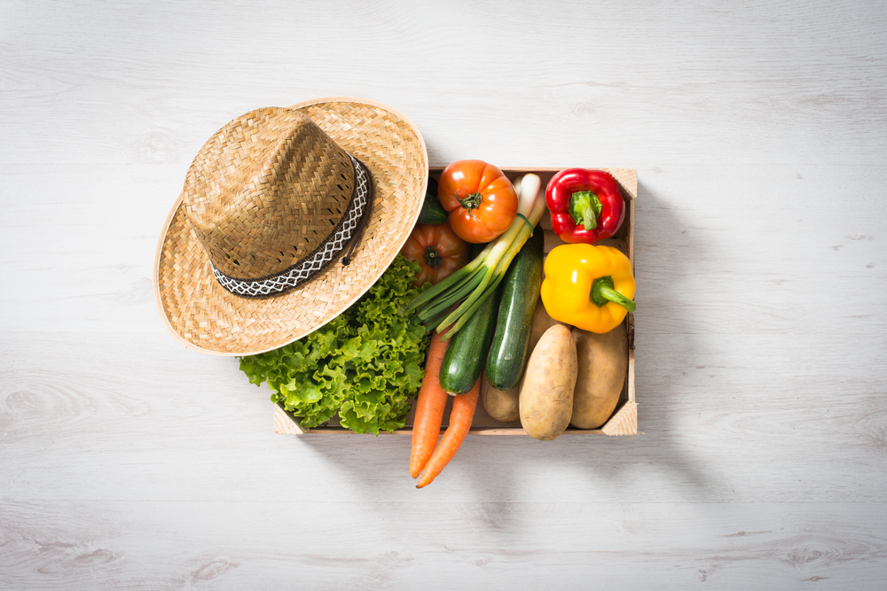 Cassetta di alimenti vegetali assortiti con un cappello di paglia; concept: verdura, patate, agricoltura biologica