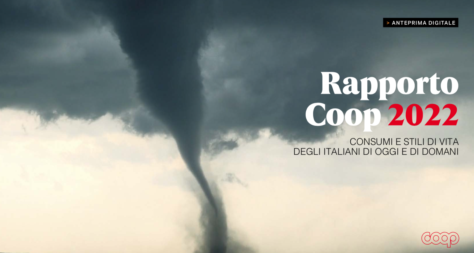 Copertina dell'anteprima digitale del Rapporto Coop. Al centro c'è la foto di una tromba d'aria