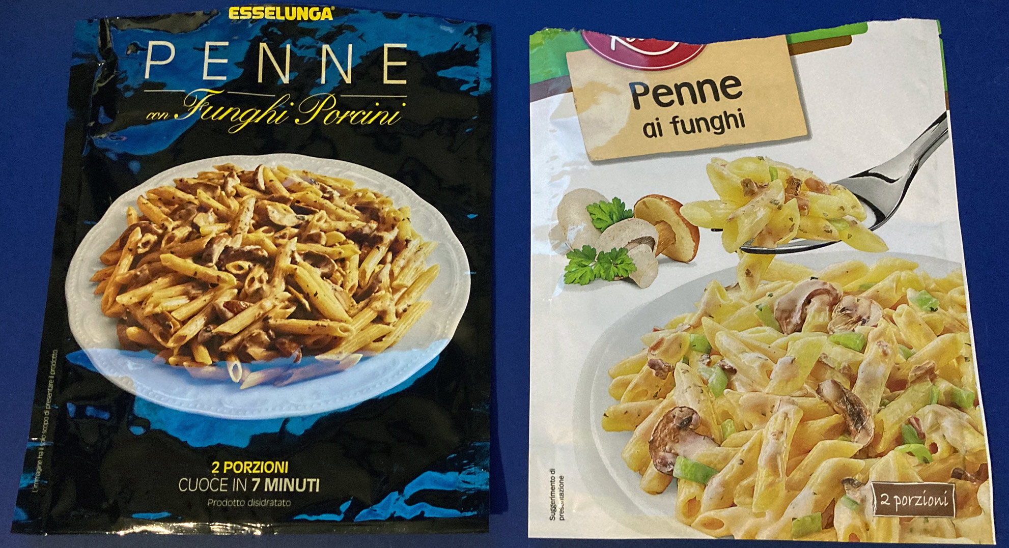 A sinistra confezione di penne ai funghi porcini Esselunga; a destra confezione di penne ai funghi Lidl
