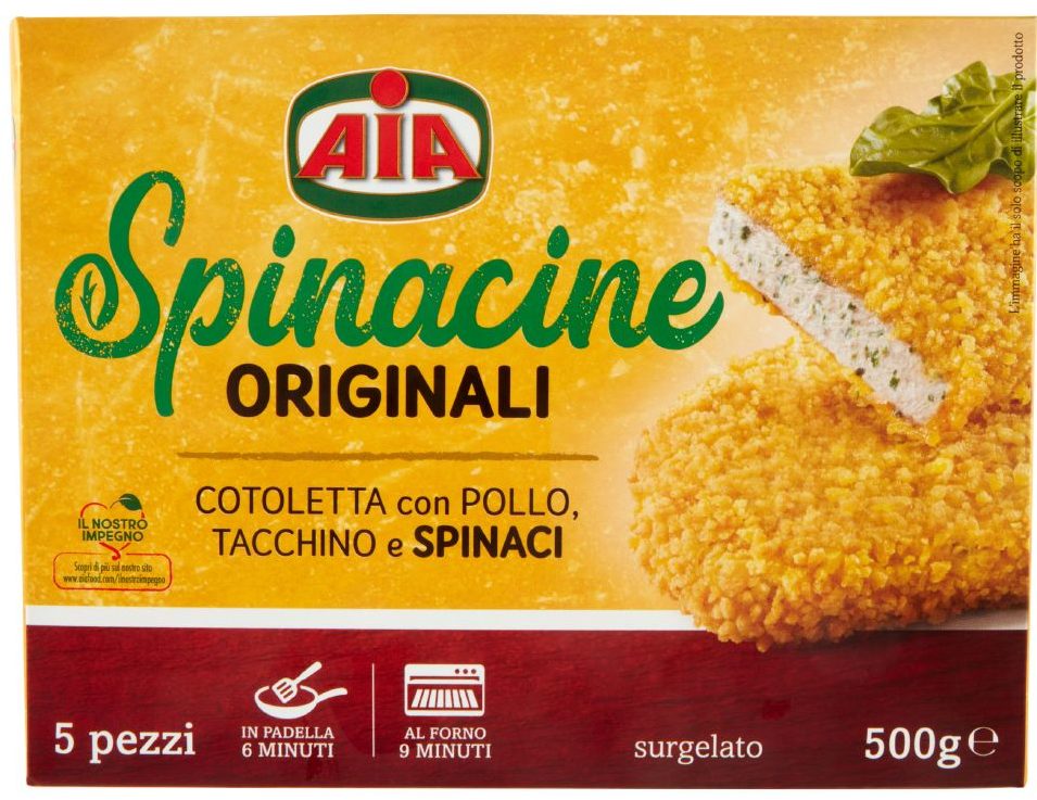 visione frontale confezione in cartoncino Spinacine Aia, concept: cotolette