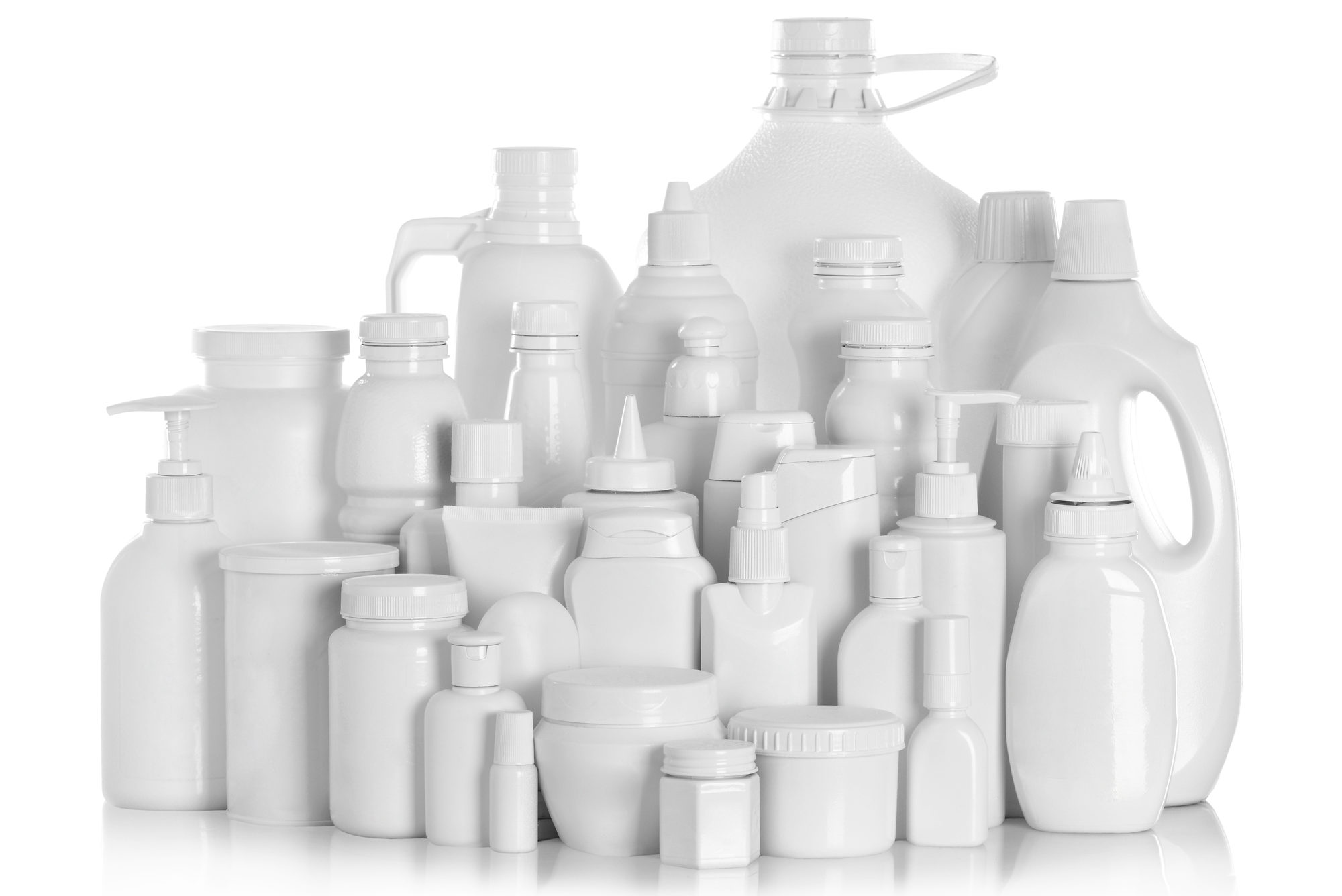 still life portrait of a group of product packaging. isolated over white