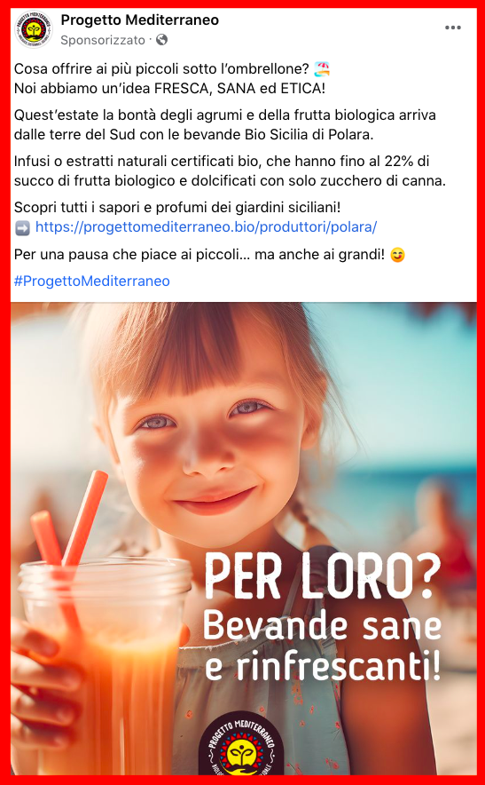 La pubblicità del rivenditore della bevanda su Facebook