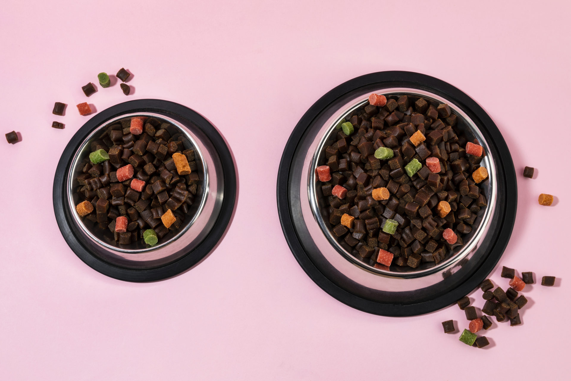 Due ciotole di metallo con crocchette su sfondo rosa; concept: pet food, cibo per cani, cibo per gatti