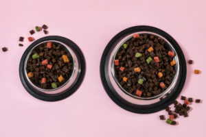 Due ciotole di metallo con crocchette su sfondo rosa; concept: pet food, cibo per cani, cibo per gatti