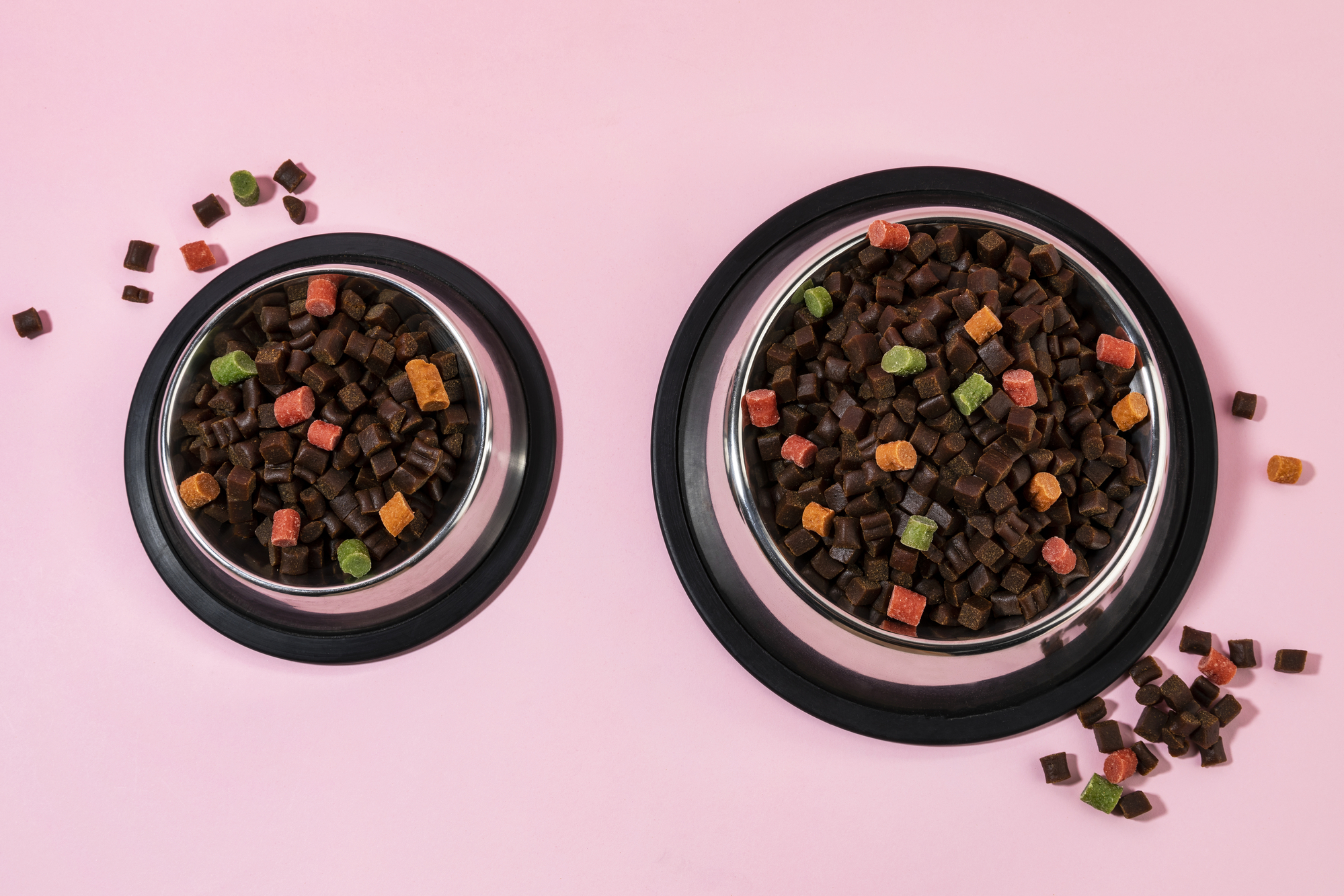 Due ciotole di metallo con crocchette su sfondo rosa; concept: pet food, cibo per cani, cibo per gatti