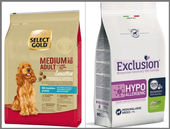 Due tipi di pet food a base di insetti