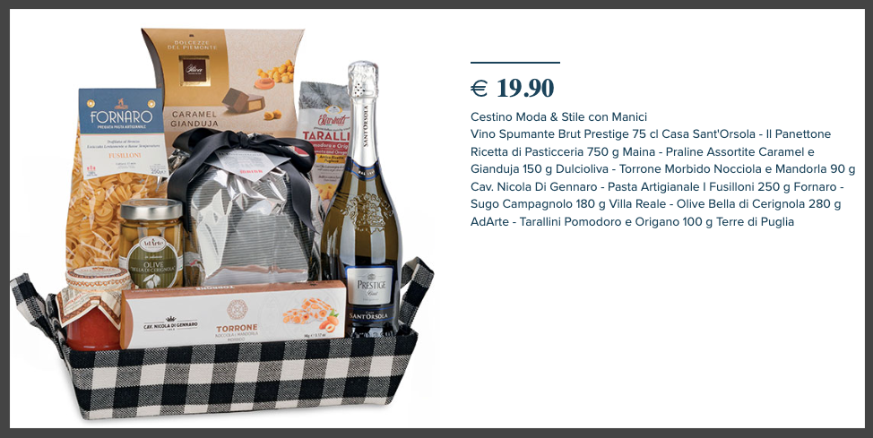 Cesto di Natale da 19,9 euro con panettone, spumante, cioccolatini, pasta, taralli...