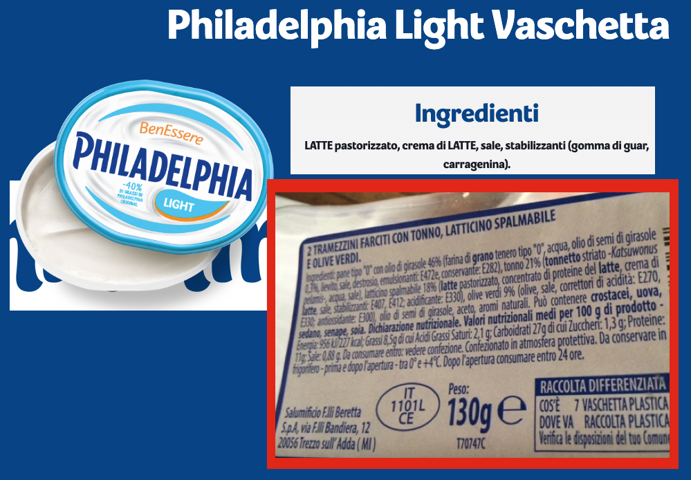 Sopra gli ingredienti del prodotto in vendita al supermercato, sotto quello presente nel tramezzino