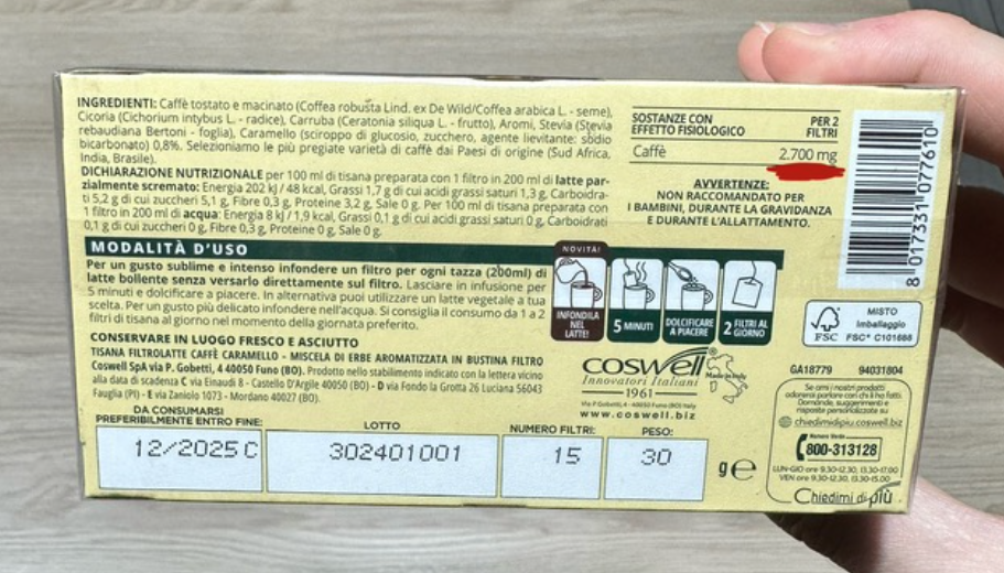 confezione retro Tisana Filtrolatte Caffè Caramello