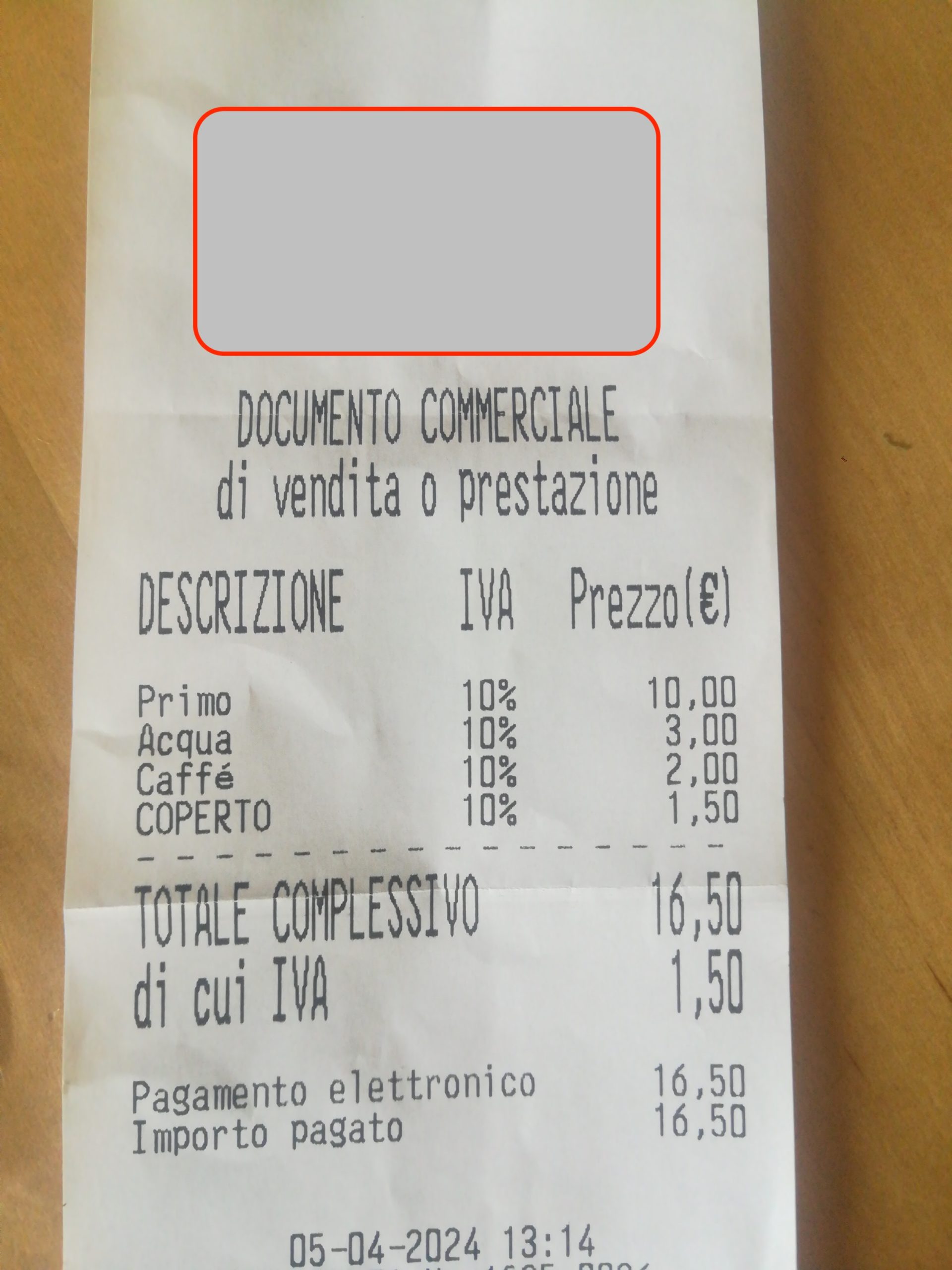 scontrino ristorante acqua milano 2024