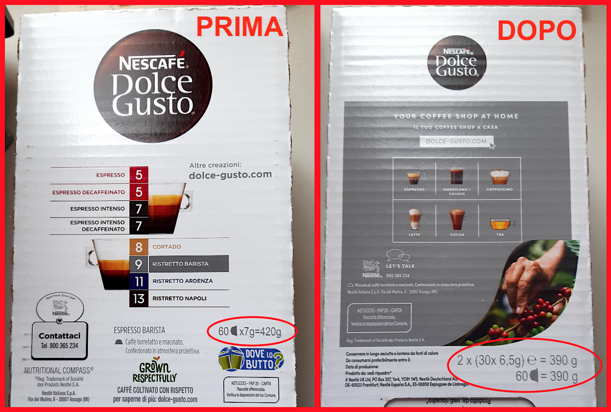 nescafe caffè docegusto capsule sgrammatura shrinkflation 2024