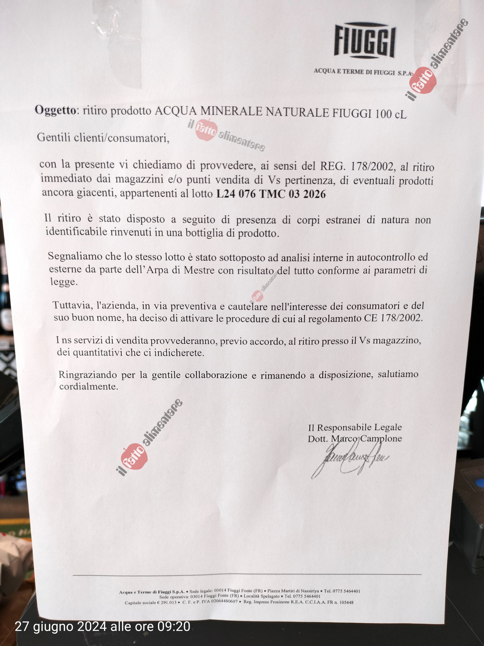 Ritiro acqua fiuggi 2024 IFA