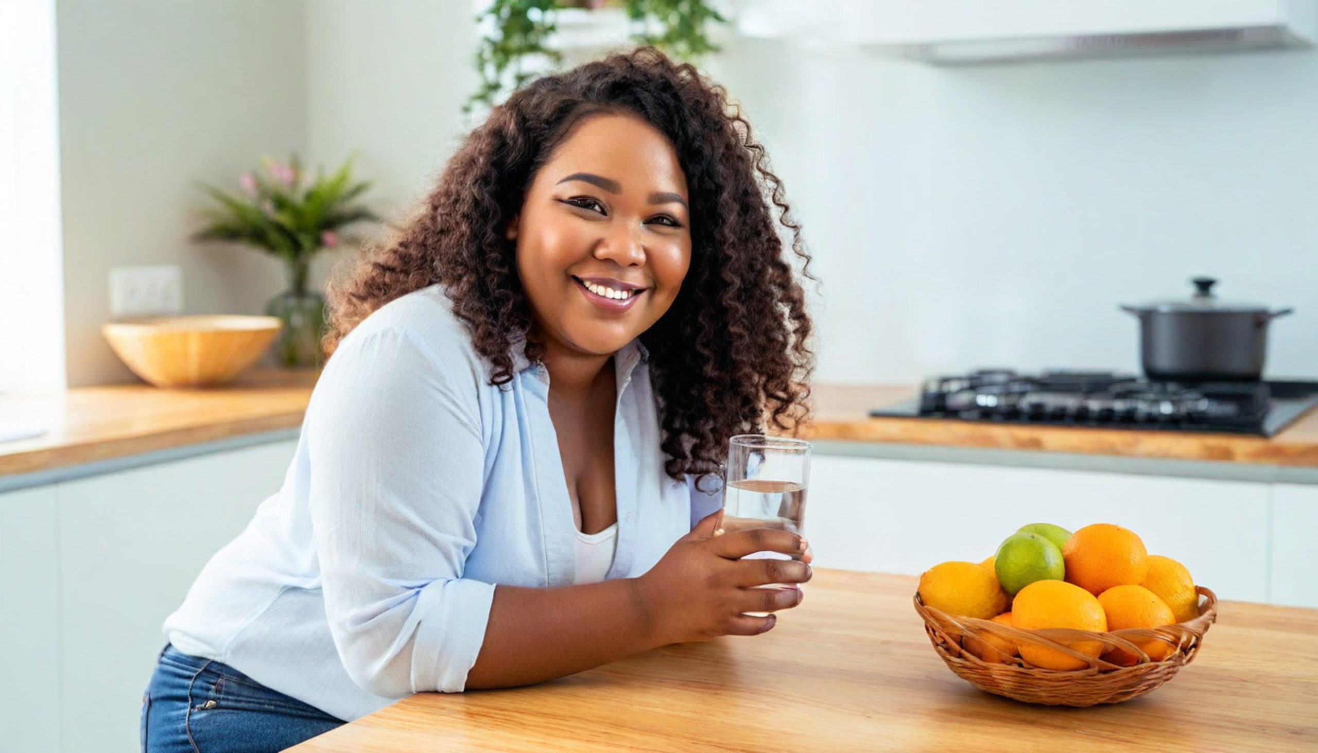 donna obesa bere acqua afro american frutta dieta salute