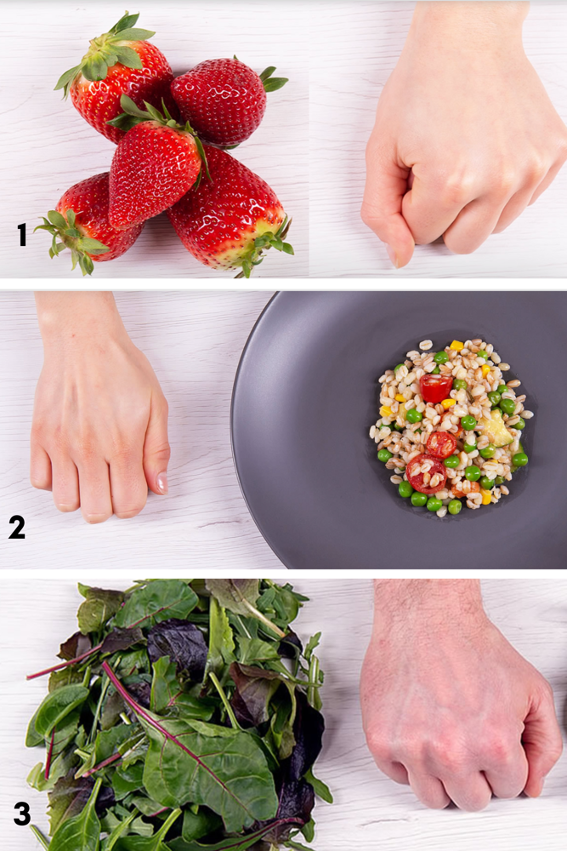 1. Pugno di frutta 2. Pugno aperto primo piatto 3. Pugno di verdura. 