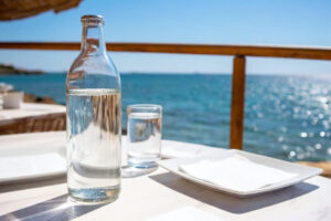 Bottiglia di acqua minerale o acqua filtrata sul tavolo di un ristorante vista mare