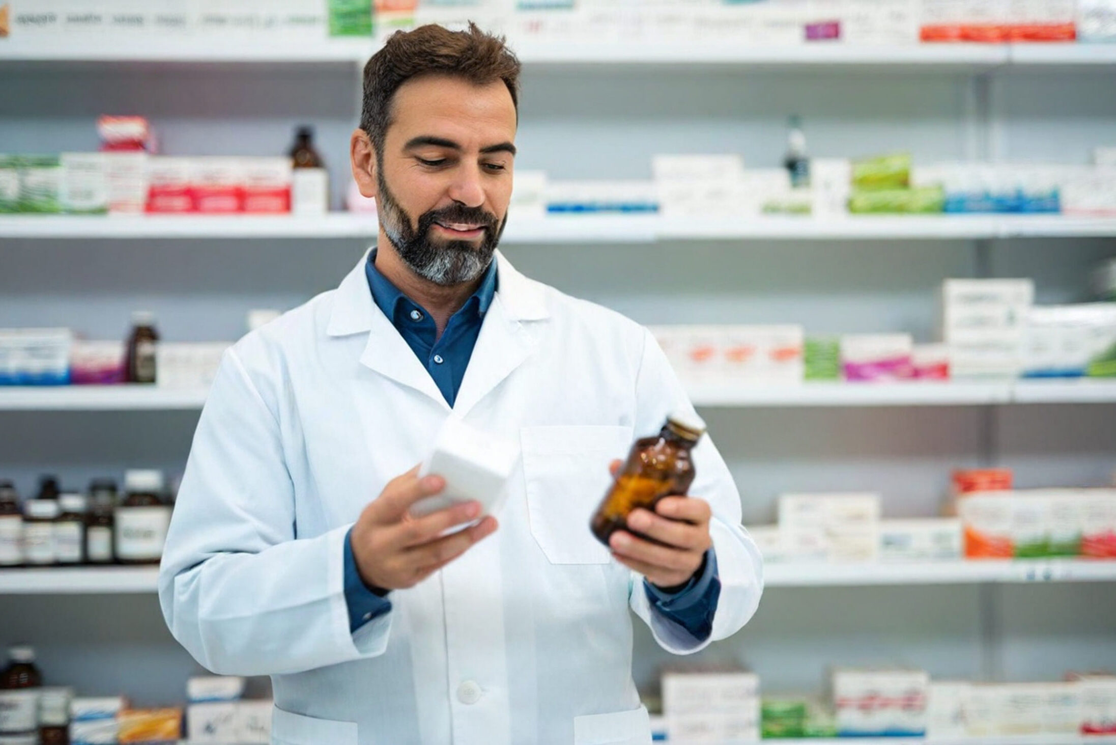 Un farmacista con camice all'interno di una farmacia tiene tra le mani una scatola e una boccetta di farmaci o integratori