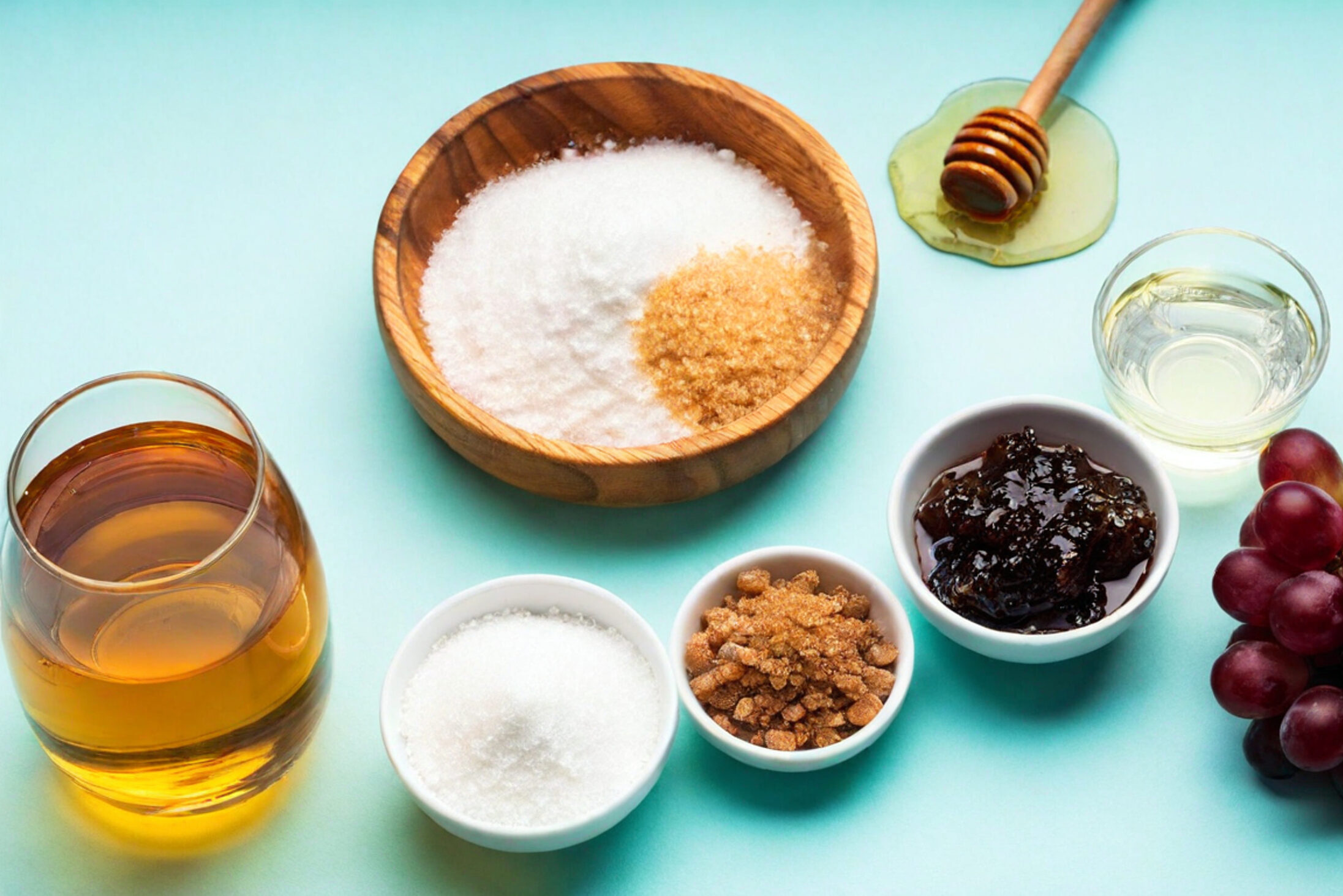 Ingredienti zuccherini assortiti in varie ciotole di legno, ceramica e vetro: zucchero bianco, zucchero di canna, sciroppi vari tipo agave e acero, miele