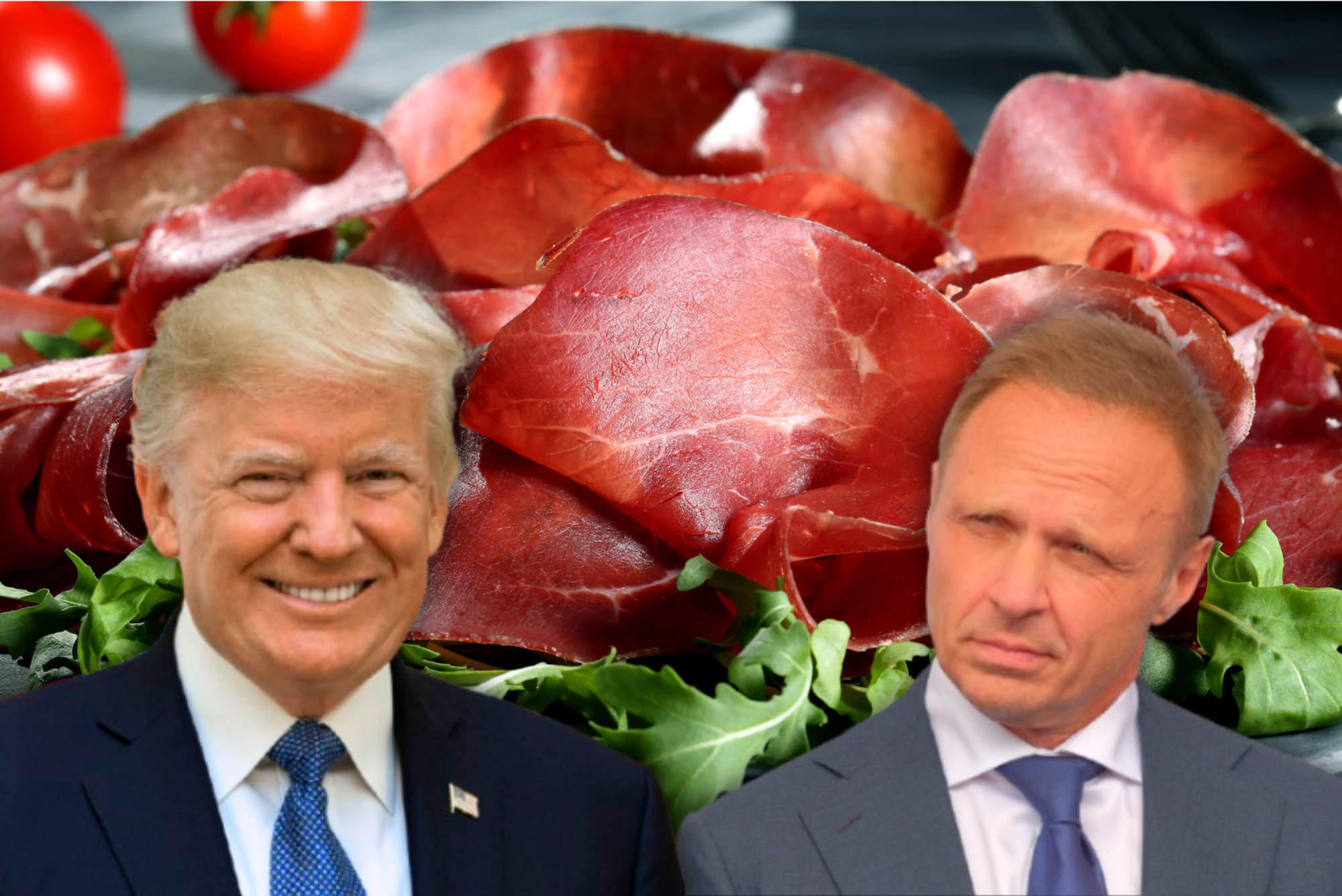 Il Presidente USA Donald Trump e il Ministro dell'Agricoltura Francesco Lollobrigida, sullo sfondo un piatto di bresaola