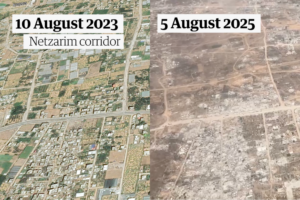 Immagini aeree del corridoio Netzarim a Gaza nel 2023 (sinistra) e nel 2025 (destra)