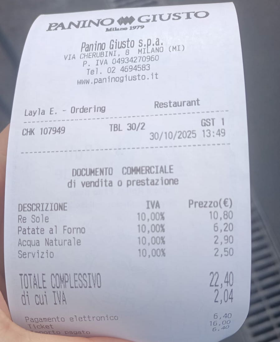 panino giusto scontrino 30.10.2025 milano