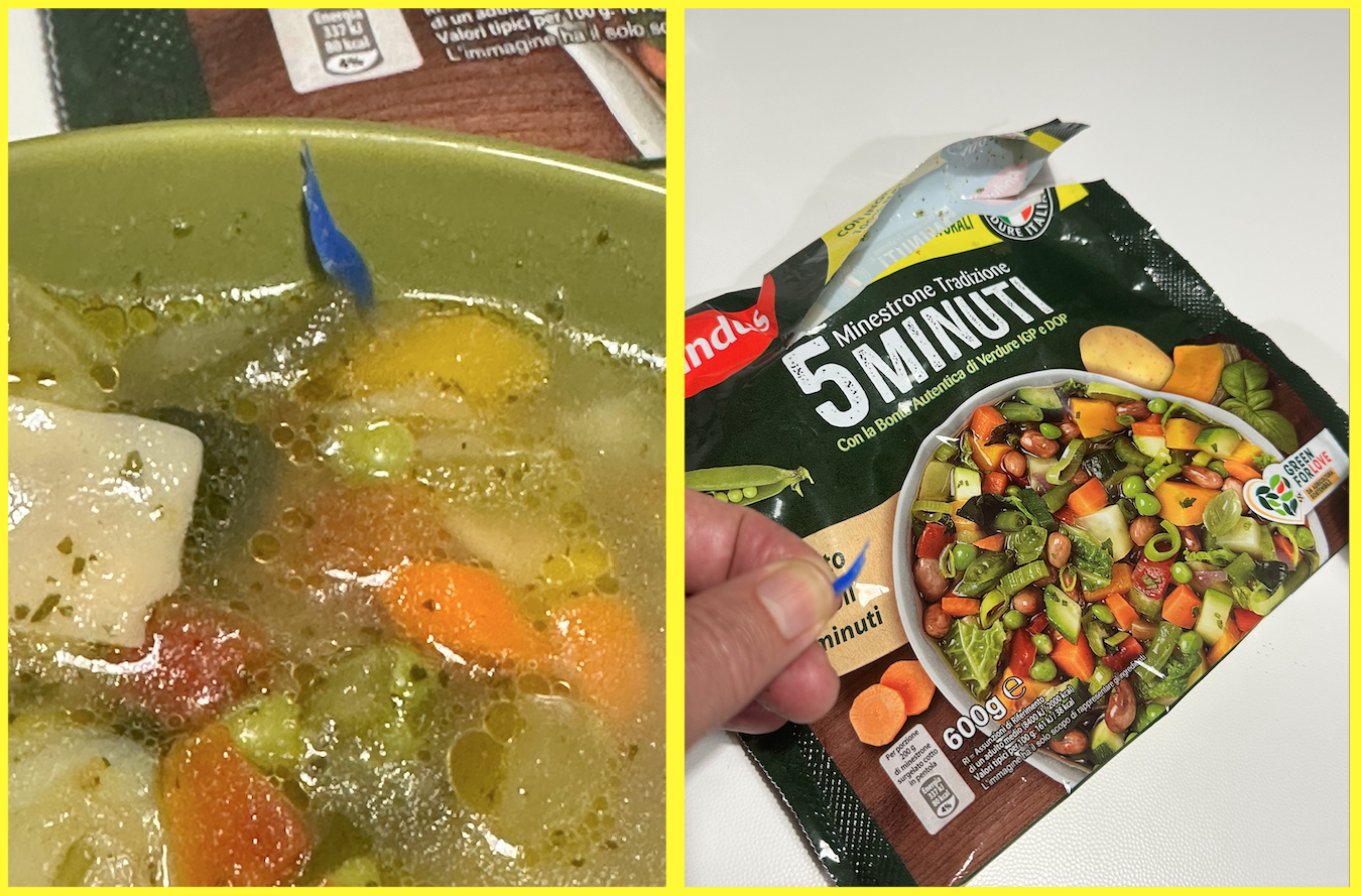 CORPO ESTRANEO PEZZEttino plastica minestra surgelata findus 2025 piatto