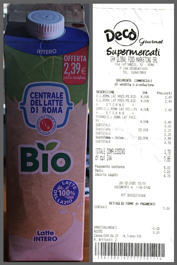 prezzo sulla confezione deco scontrino latte bio 2025 prezzo