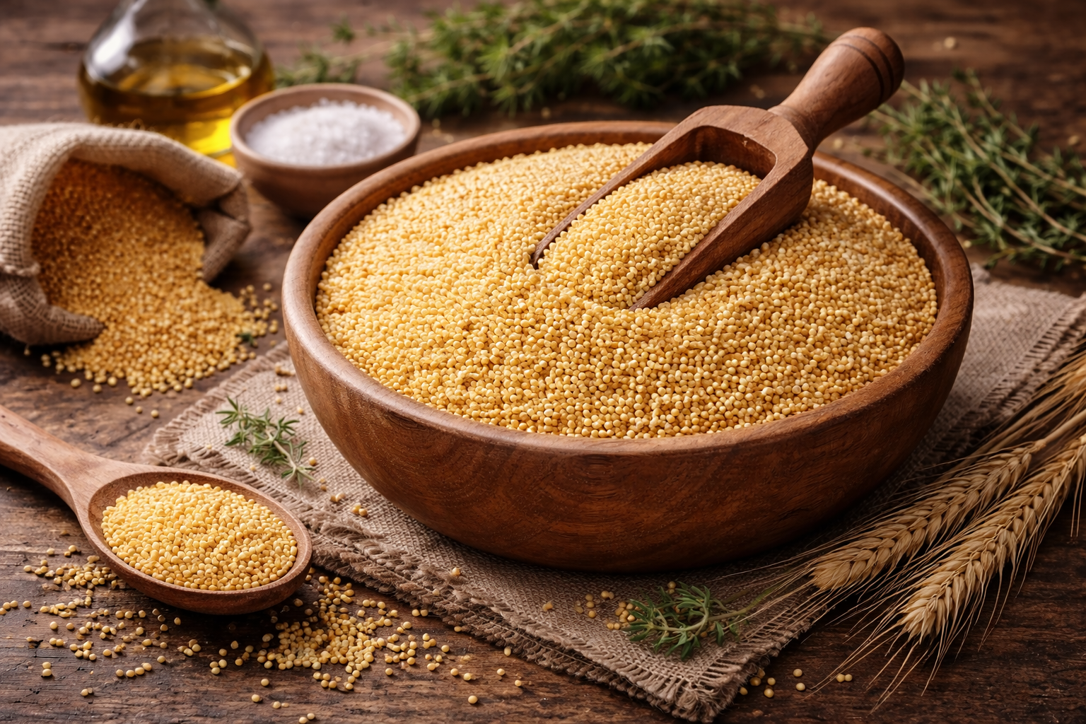 Un cucchiaio di legno pieno di miglio, appoggiato a una ciotola di legno piena di miglio; concept: cereali ChatGPT Image 13 feb 2026, 15_41_48