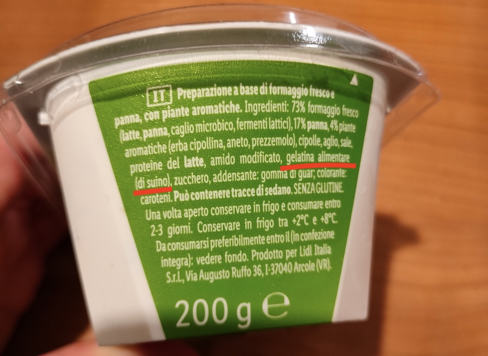 milbona lidl crema spalmabile con formaggio gelatina suino ingredienti